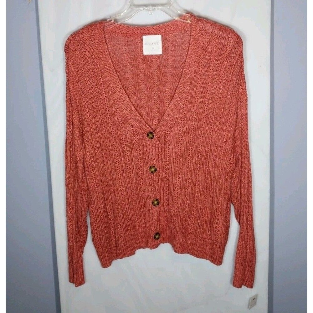 Women’s Coral Orange Cardigan 3X Button Front V Neck Open Knit Sweater NWT